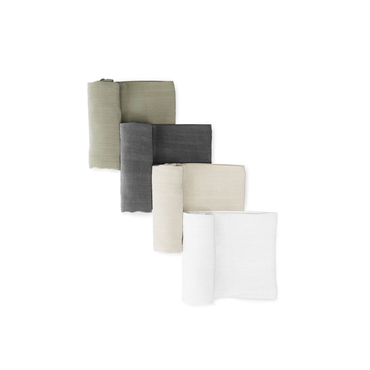 Set of four folded muslin swaddles in green, gray, beige, and white on a white background #color_woodland