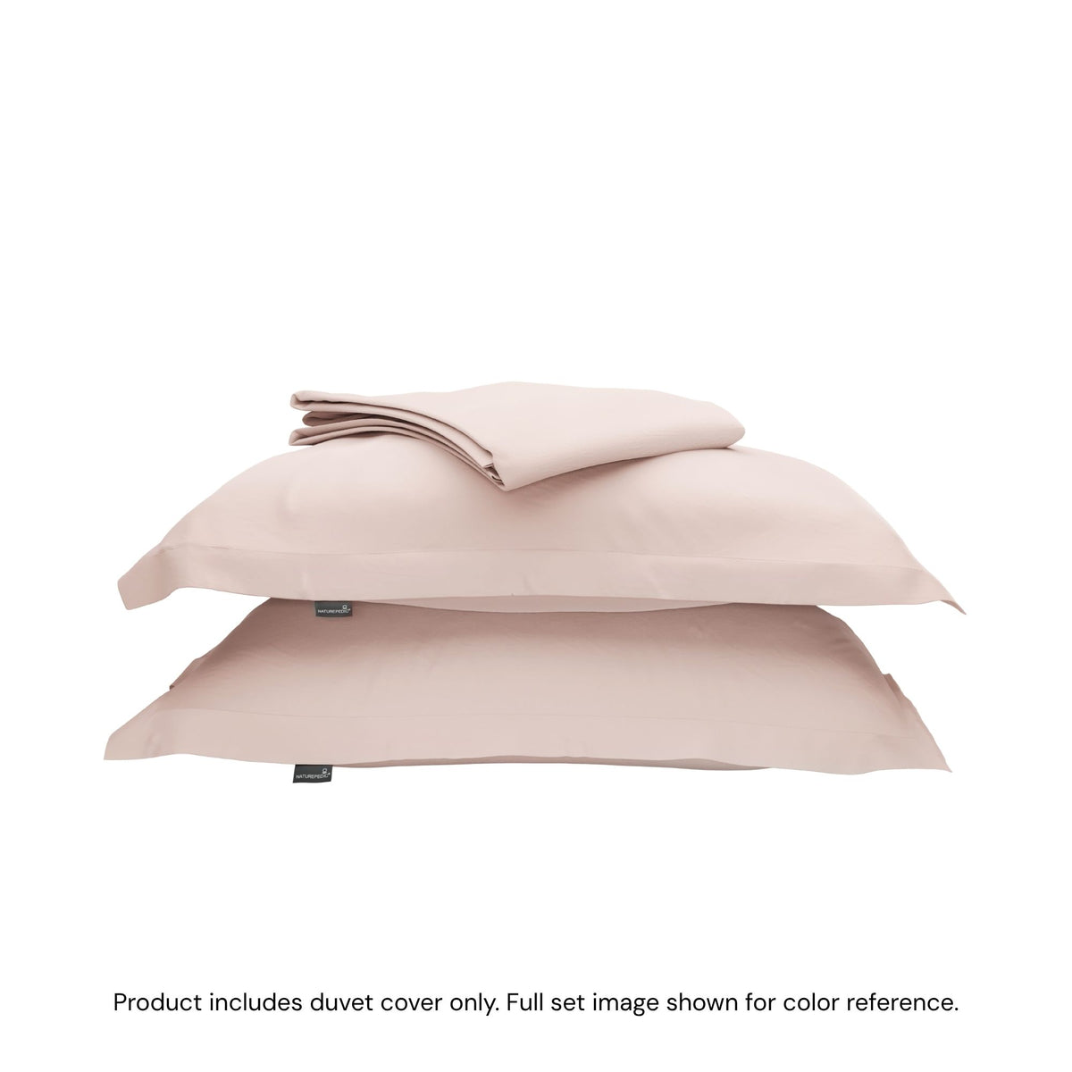 A folded duvet cover on top of two shams against a white background #color_petal
