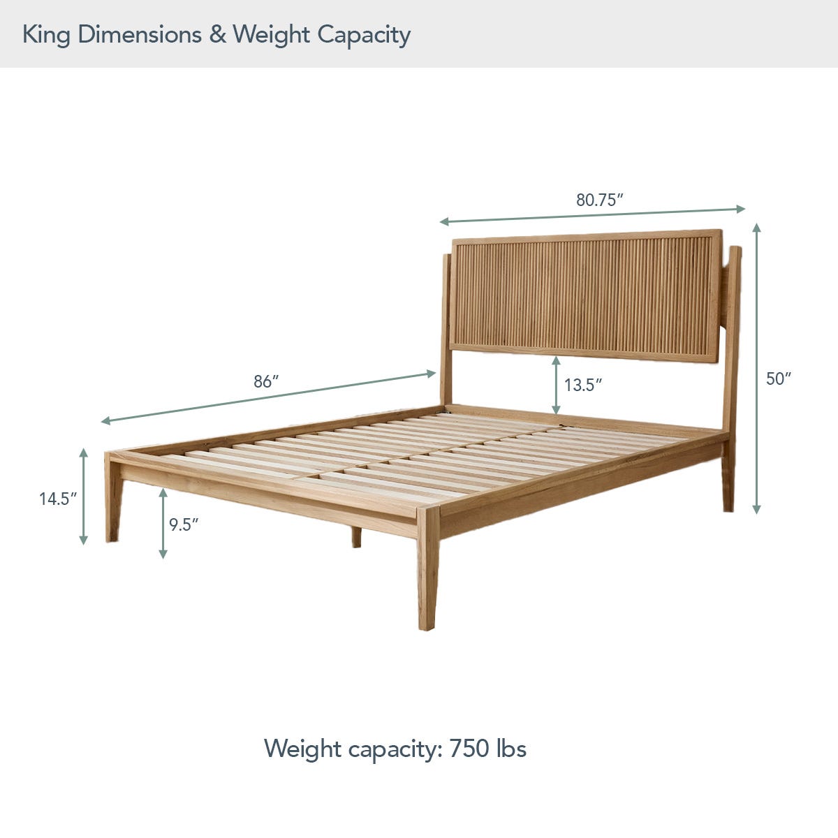Wooden bed frame with dimensions and weight capacity on a white background #size_king