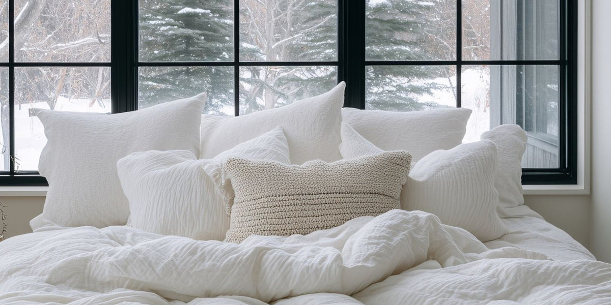 peaceful bedroom with white bedding in winter 