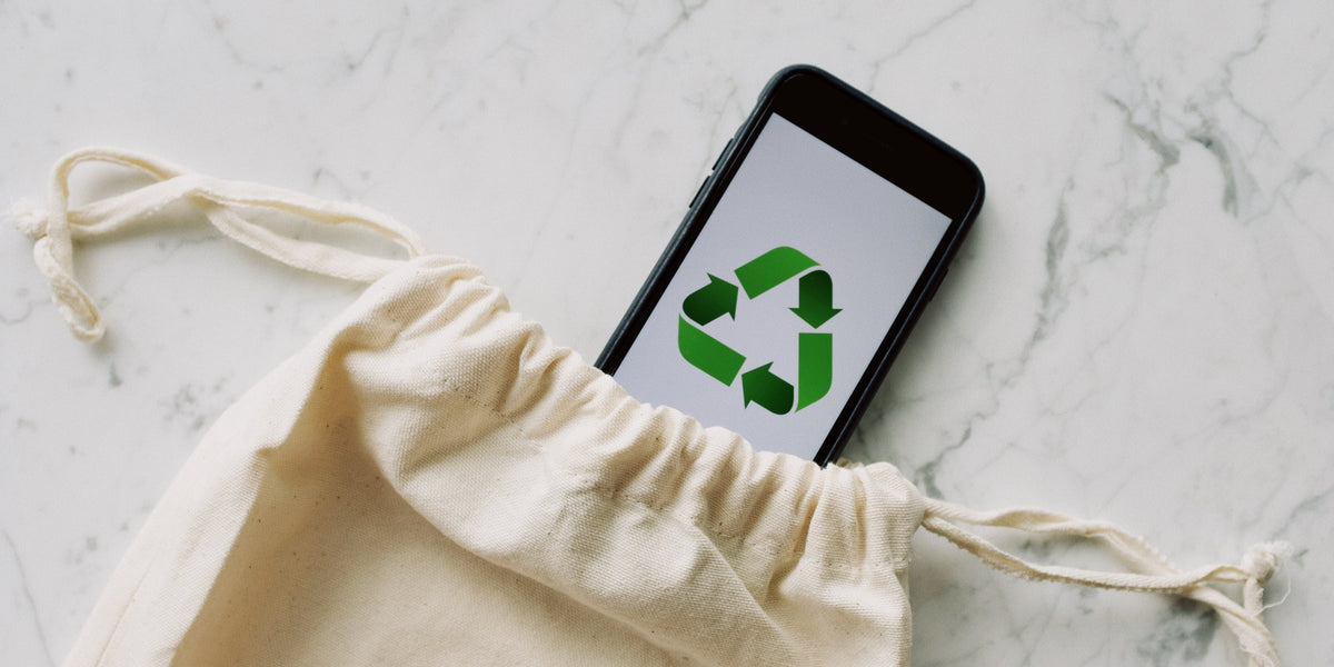 phone with recycling triangle symbol poking out of canvas bag