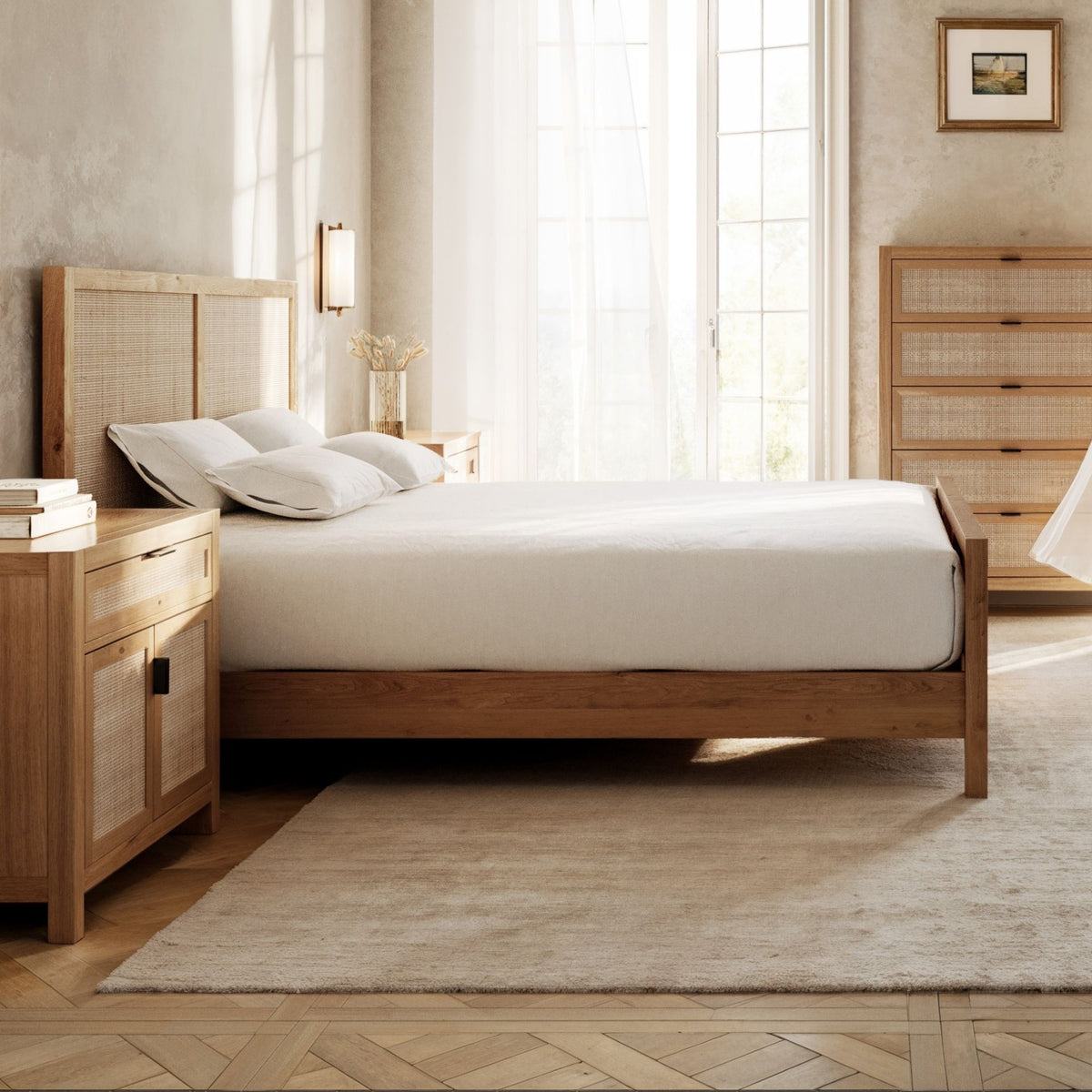 Wooden bed with white bedding in a bedroom setting