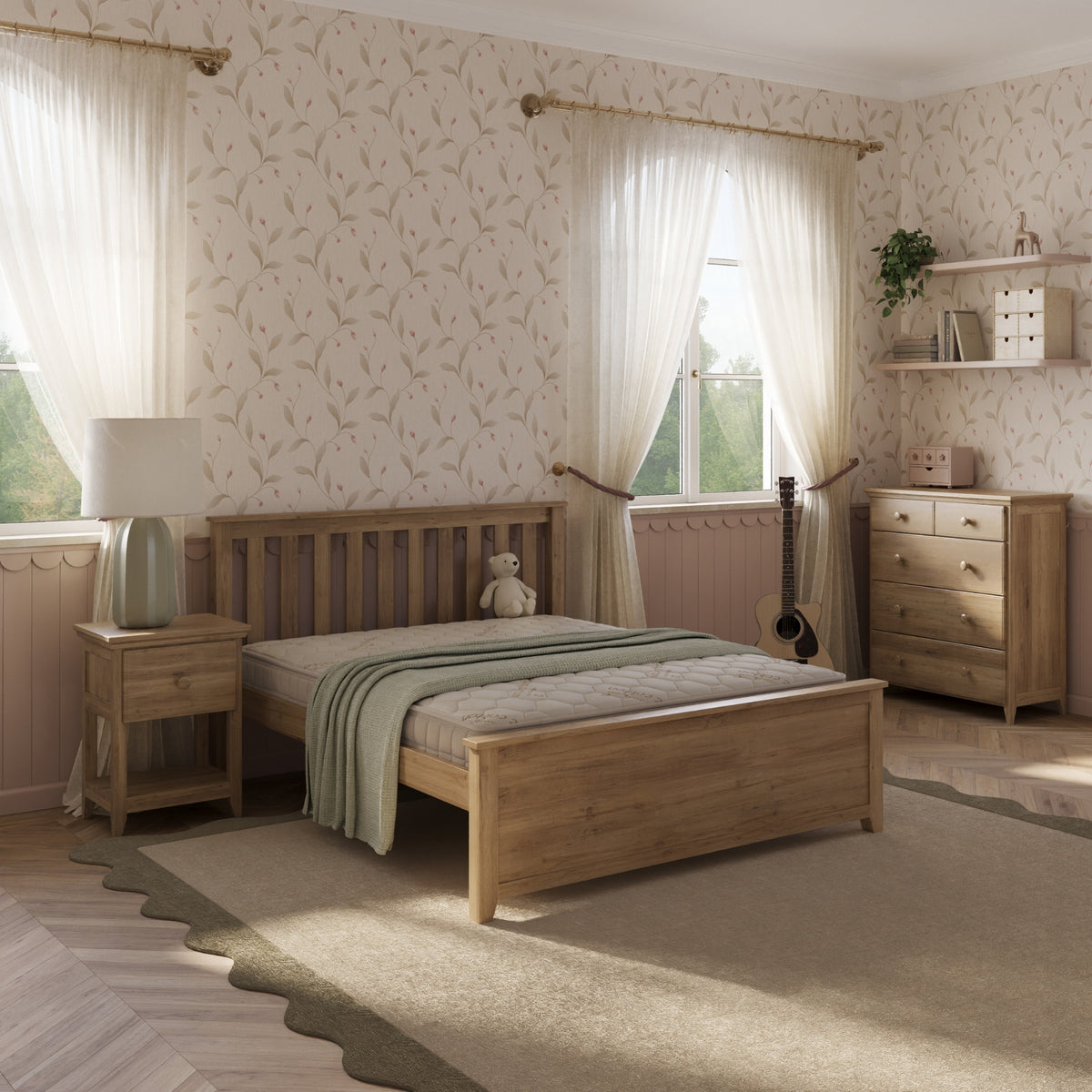 A wood bed frame with a slatted headboard and footboard in a neutral-toned bedroom with matching nightstands, a dresser, patterned wallpaper, and sheer curtains. #size_Full Platform #color_natural 