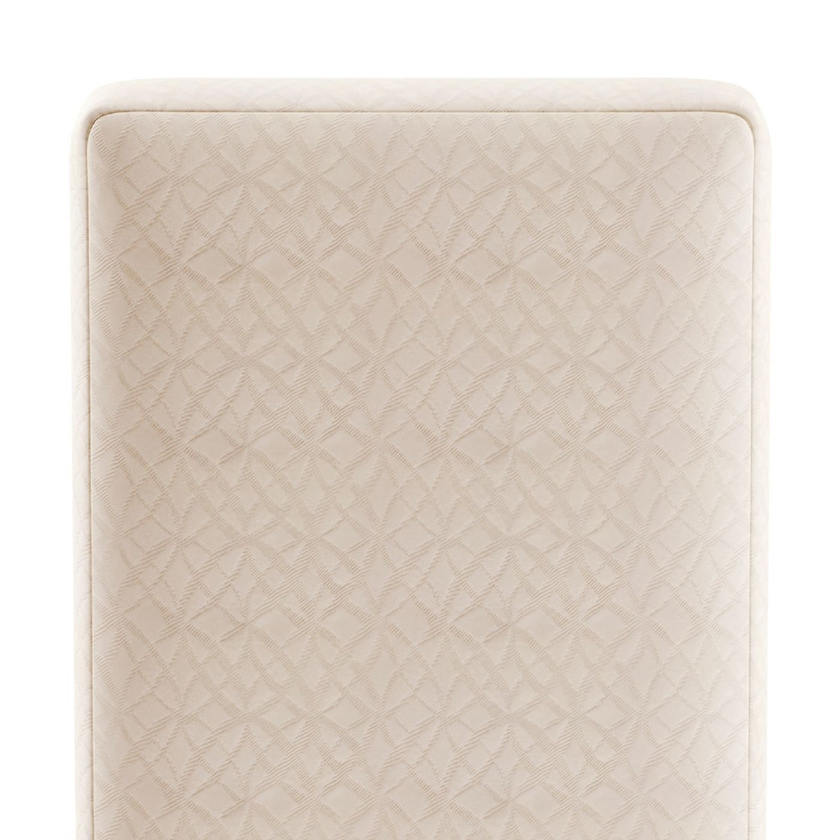 Close-up of a light beige upholstered surface with a subtle geometric quilted texture and rounded top edge, shown against a white background.