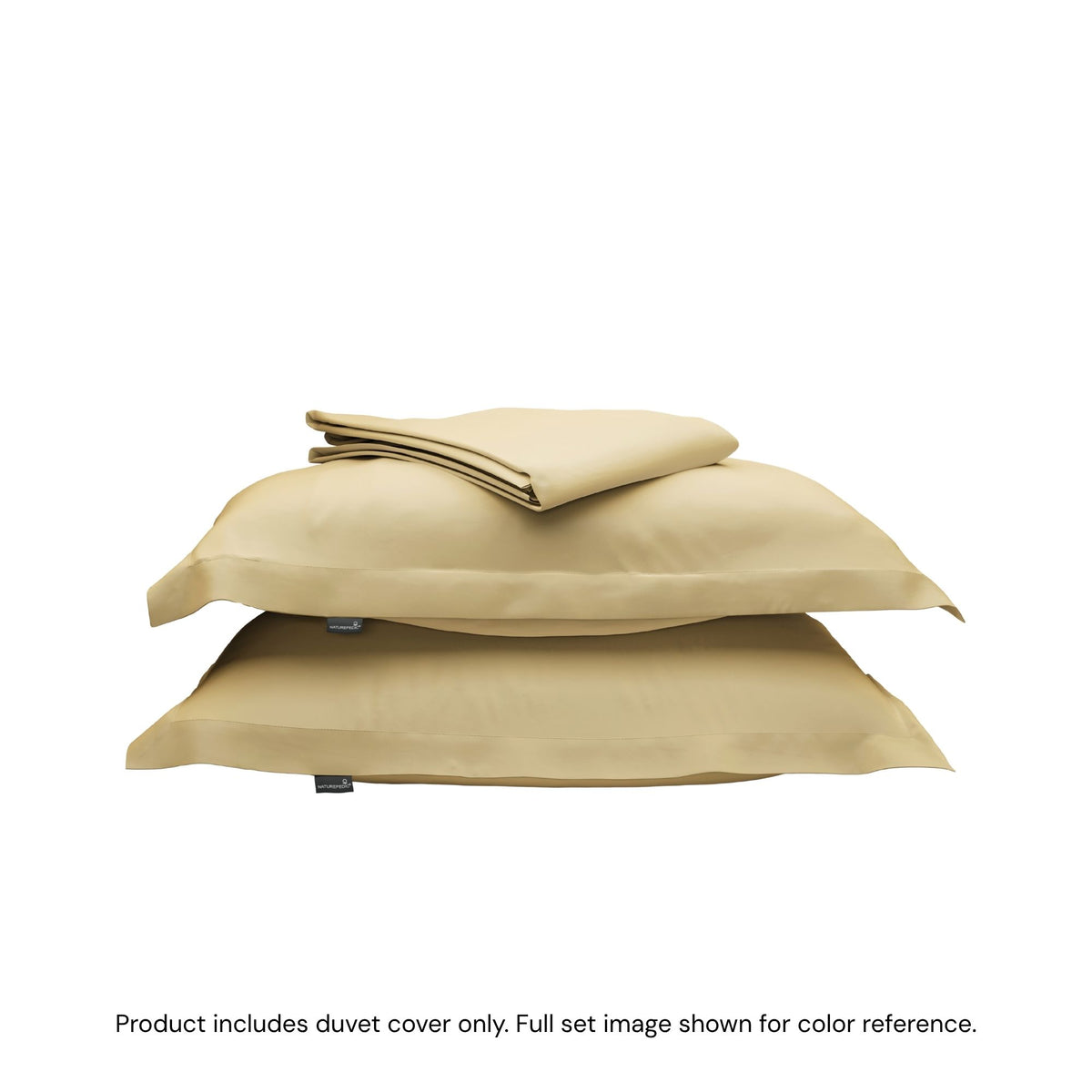 A folded duvet cover sitting on top of two pillow shams #color_sunny