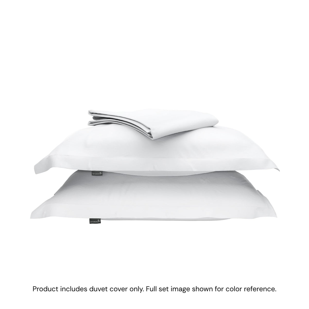 A folded duvet cover on top of two shams against a white background #color_arctic snow