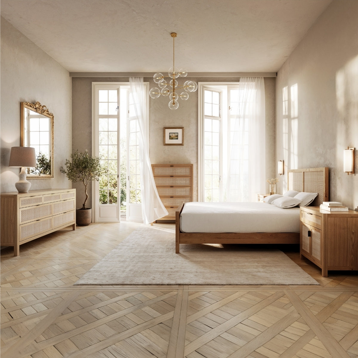 Neatly arranged bedroom with wooden furniture and large windows.