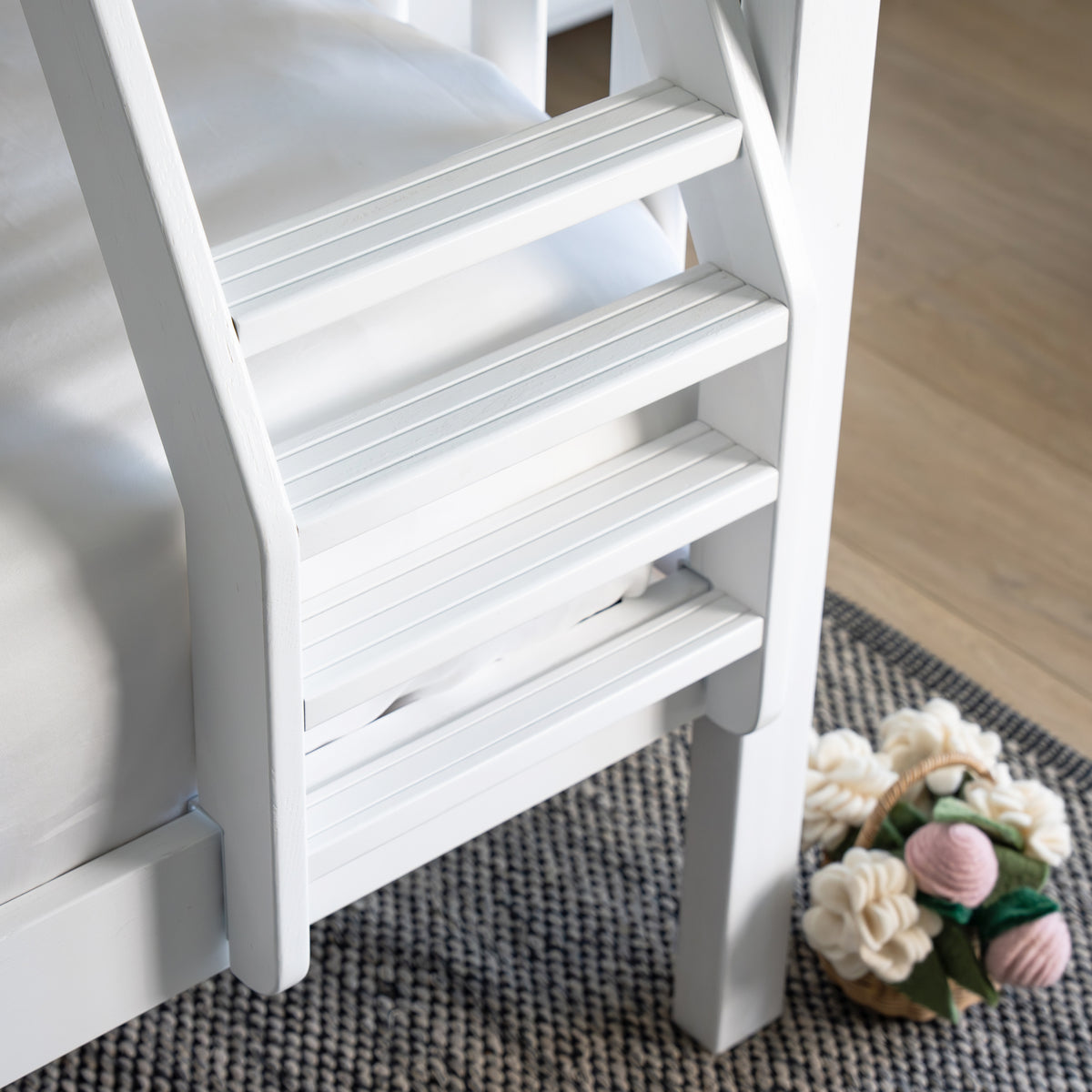 White wooden step ladder on a textured rug. #color_washed white  #size_Twin/Full Bunk 